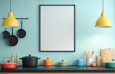 Stylish kitchen interior with colorful cookware and a blank poster, perfect for design inspiration.