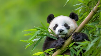 Cute panda peacefully munching on bamboo in lush green forest setting with serene expression.