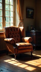 Sun-Drenched Room with Worn Leather Armchair Awaiting its Next Occupant. Golden light illuminates the rich texture of the aged leather, creating a peaceful and inviting atmosphere.