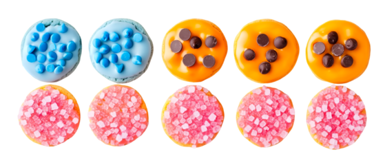 Colorful macarons and sugar cookies showcase a vibrant assortment of desserts, ideal for culinary themes or sweet treat advertisements, transparent background