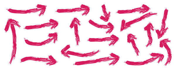 grunge arrows, Hand drawn grunge brush sketch, Red pencil hand drawn various oval, chalked arrows, check marks. Vector illustration isolated on white background. 