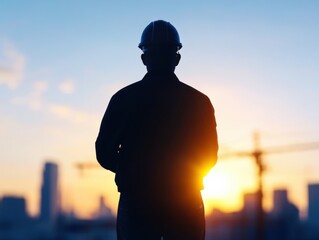 Silhouetted construction worker at sunrise, overlooking an urban skyline with cranes in the background.