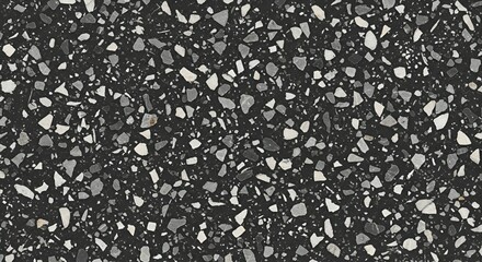 Dark terrazzo texture showcases a speckled design with black, gray, and white stone fragments creating a modern surface
