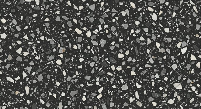 Dark terrazzo texture showcases a speckled design with black, gray, and white stone fragments creating a modern surface - Powered by Adobe