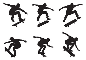 Skateboard Trick Silhouette Set – Skater Jumping Vector Icons for Streetwear, Sports & Graphics