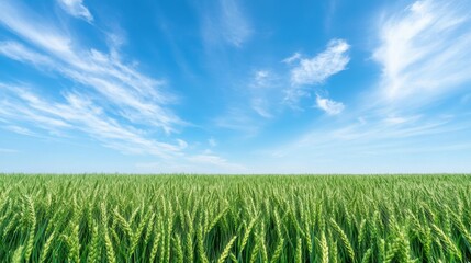 Vast green wheat field under a clear blue sky with wispy clouds, capturing the serenity of rural landscapes.