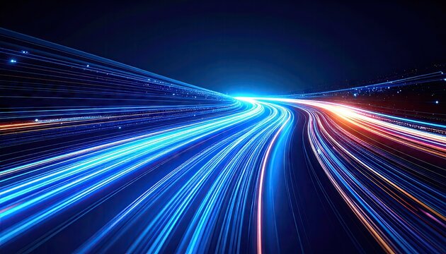 Abstract Digital Light Trails Of High Speed Signals On Dark Background