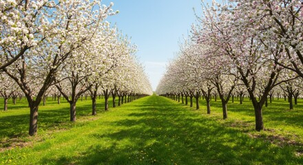 Fototapeta premium A view of rows of flowering trees with white blossoms in an orchard under a clear blue sky day time