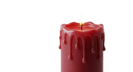 Red pillar candle with melting wax drips isolated on white background