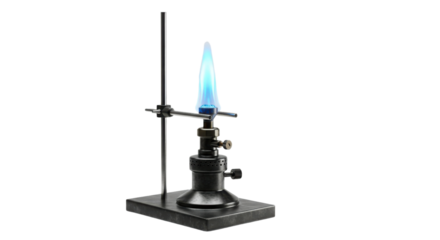 Laboratory Bunsen burner with blue flame isolated on white background