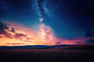 Fototapeta premium Milky Way shines brightly over a serene rural landscape at dusk with a colorful sunset and sparkling stars, Milky Way over rural landscape at dusk with stars and vibrant twilight colors