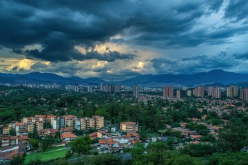 Obraz premium Dark storm clouds gather over urban cityscape showcasing nature's power dur experience, Dark clouds floating over the city, timelapse