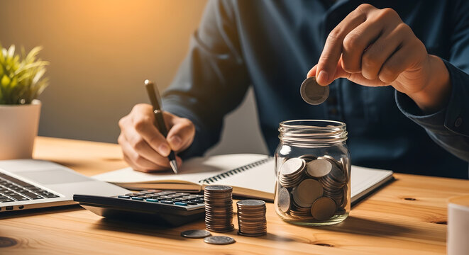 A person saving money, writing in a notebook, and managing finances at a desk.
