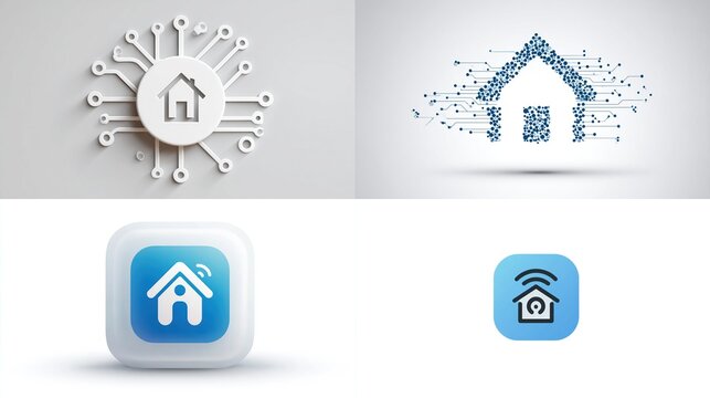 Four smart home concept icons display various digital house representations