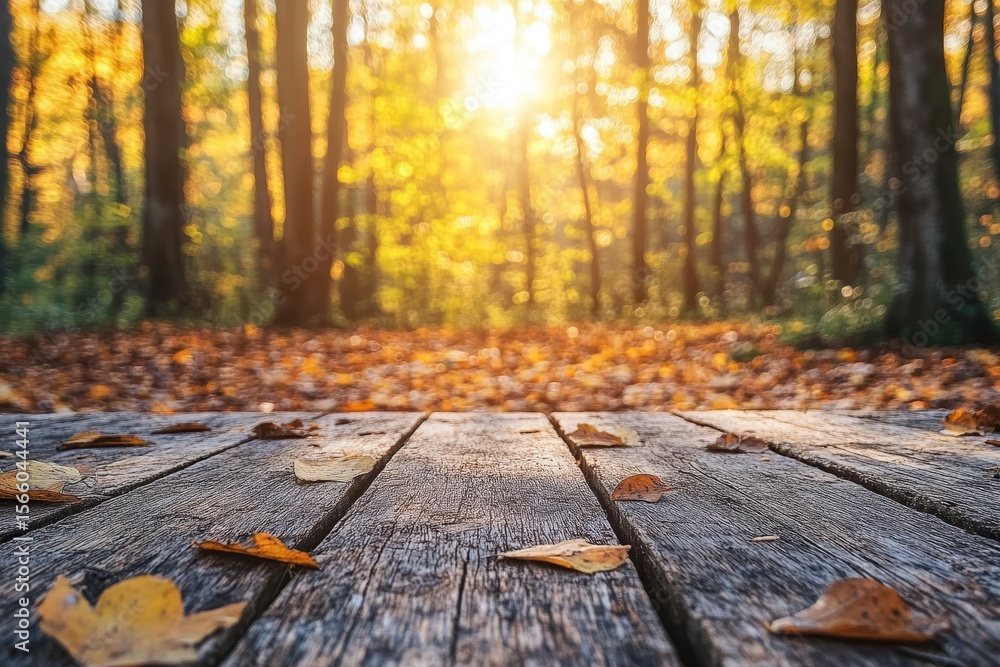 Aufkleber sunlight filtering through trees over wooden surface adorned with autumn leaves in serene forest set