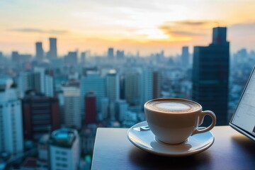 Enjoying coffee while working on a laptop with a stunning cityscape at sunset, Warm cup of coffee and laptop with breathtaking cityscape view Morning urban work concept