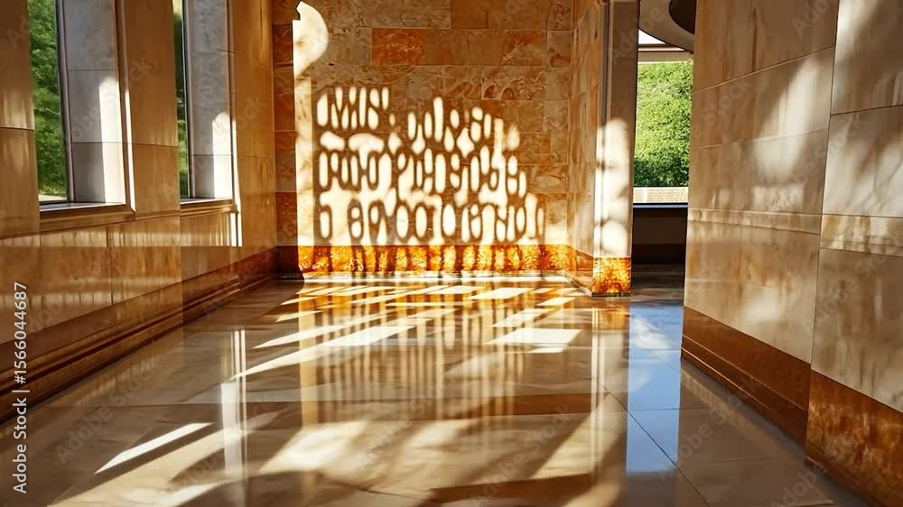 Aufkleber illuminated interior featuring sunlight streaming through patterned openings onto a glossy floor, wi