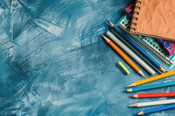 High Resolution of Top View of Desk with Notebooks and Pencils