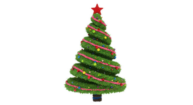 Stylized Green Spiral Christmas Tree Illustration with Red Star Topper and Colorful Lights isolated on Transparent Background