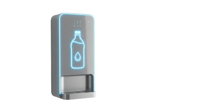 Futuristic Silver Smart Water Refill Dispenser or Bottle Filling Station 3D Illustration isolated on Transparent Background