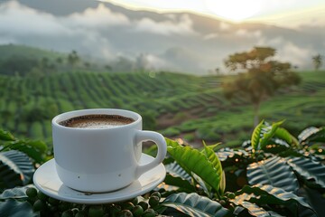 High Resolution Picture of White Cup of Coffee with the Coffee Plantation in the Background