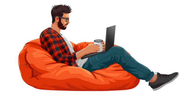 Relaxed man working on laptop, isolated on transparent background