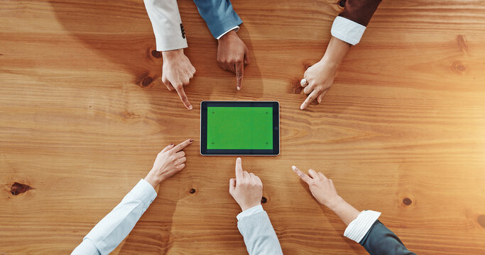 Green screen, tablet and teamwork with hands of business people for advertising, pointing and support, Mockup space, collaboration and synergy with above of employees in office for announcement
