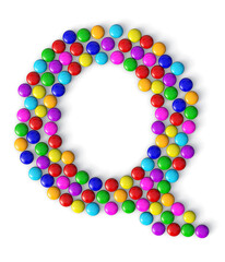Q made of colorful chocolate candy isolated on transparent background. 3d chocolate candy Alphabet.