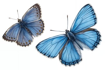 Two detailed macro shots of vibrant blue butterflies with intricate wing patterns and delicate antennae against a clean white background