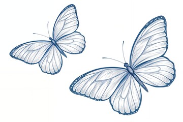 Elegant blue line art drawing of two detailed butterflies with intricate wing patterns on a clean white background