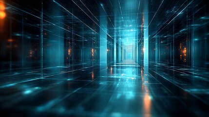 Futuristic corridor reflective teal interior