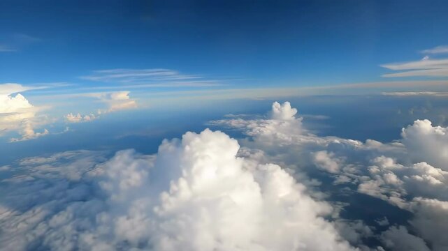 Ethereal clouds soar in vast blue skies Wispy formations meet distant horizons Sunlit vapor drifts creating a peaceful uplifting atmospheric perspective