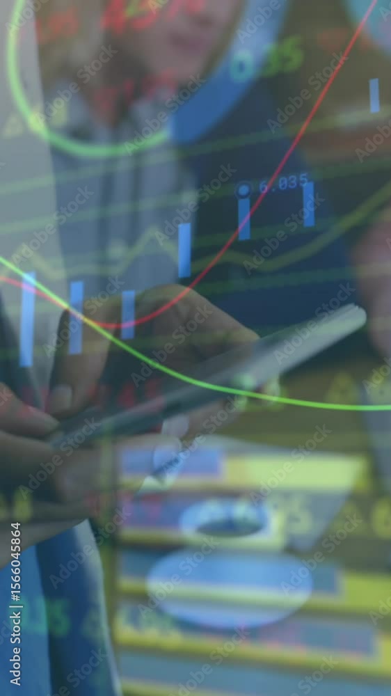 Poster animation of graphs and trading board over diverse coworkers drinking coffee and using technology