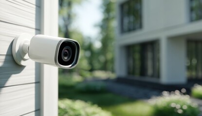 Modern home security camera mounted on a white wall, overlooking a lush green garden and a blurred suburban house in the background.