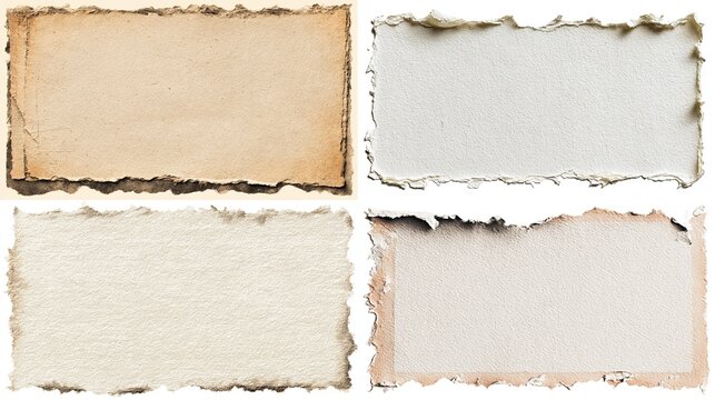 Collection of four digitally enhanced images of antique, torn paper textures;  showing various colors, edges and textures ideal for design projects, scrapbooking, and digital art