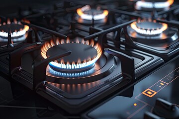 clear pixel visual of Modern kitchen stove cook  Gas flame close up on the gas stove