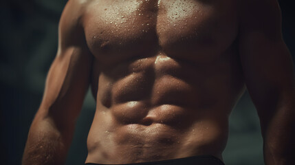 Muscular torso of fit man with defined abs and wet skin glistening