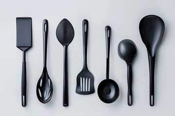 ultra HD image of Black plastic kitchen utensils set.
