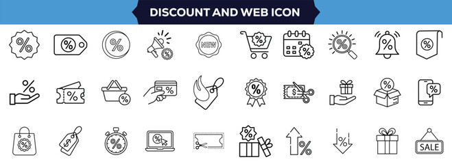 Discount and Promotion Line Icon Set  Shopping and E-Commerce Linear Icons Featuring Labels, Price Tags, Coupons, Special Offers, Credits, and Sales, Editable Stroke Vector Illustration Design