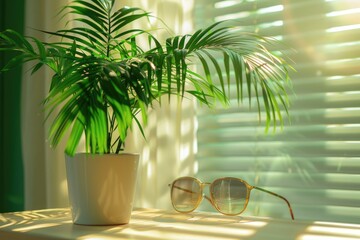Vibrant Color Picture of Office Plant and Glasses in Sunlight