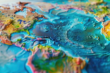 Vibrant Color Picture of 3D Relief Map with Cybernetic Colors Representing Global Trade