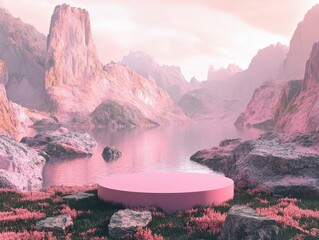 clear pixel picture of a pink rocky landscape with a still lake in the foreground. Pink podium positioned at the bottom of the scene and a pink mountain range in the background high detail 8k
