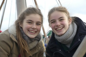 ultra quality image of two smiling female friends having fun at amusement park
