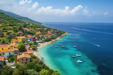 Breathtaking view of Kefalonia coastline with vibrant blue waters and charming houses, Tourist resort town in Greece Kefalonia greek island aerial view