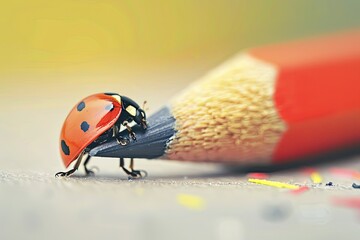 Pixel Perfect Image of Beautiful Red Ladybug Walking on a Color Pencil