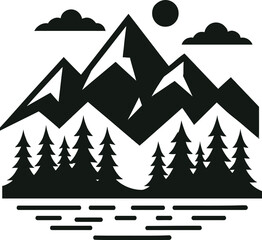 Obraz premium Mountain Landscape with Pine Trees, Sun, Clouds, and Lake