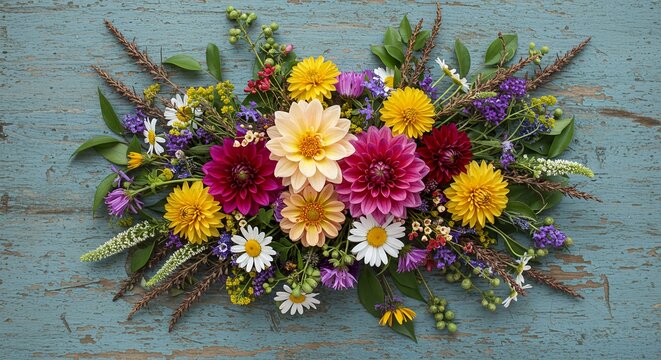 Vibrant colorful floral bouquet on rustic blue wooden distressed background