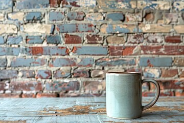 Clear Pixel Image of Coffee Mug on Table Against Brick Wall