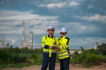 Male and female refiner engineer team in reflective workwear holding tablet working in petrochemical work plant
