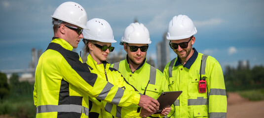 Photo group of oil refinery process engineers team working outdoor in petrochemical fieldwork